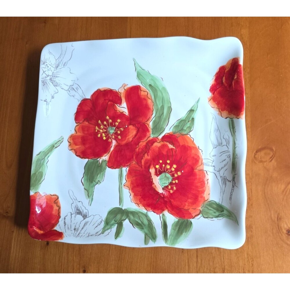 Maxcera Sketch Poppy Plate Platter Square Red Floral Accent Centerpiece 11"x1.25